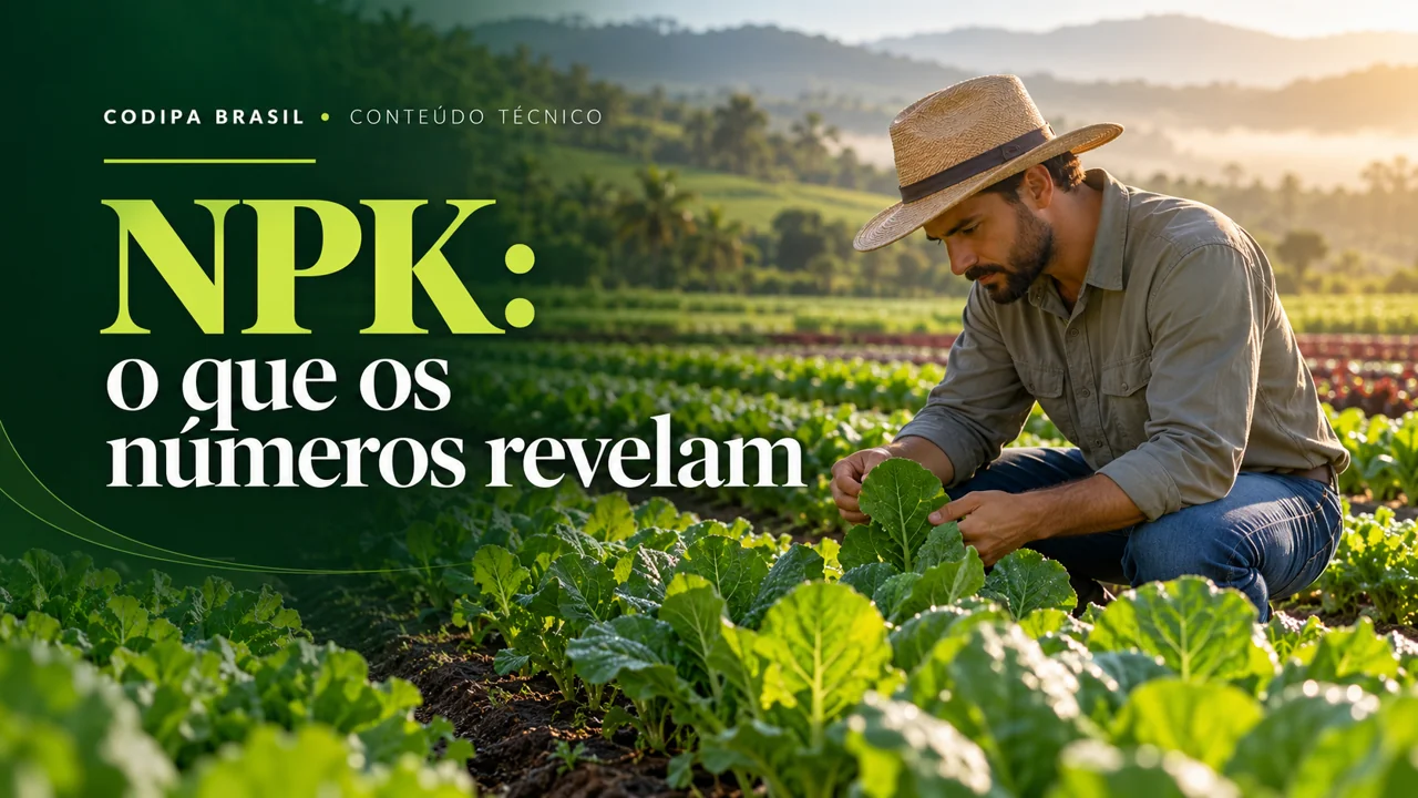 Composição ilustrativa de produtor observando folhas em horta com chamada sobre leitura da fórmula NPK.