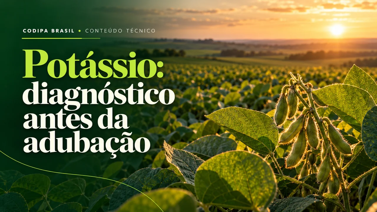 Composição ilustrativa de lavoura de soja ao entardecer com chamada sobre diagnóstico da nutrição potássica.
