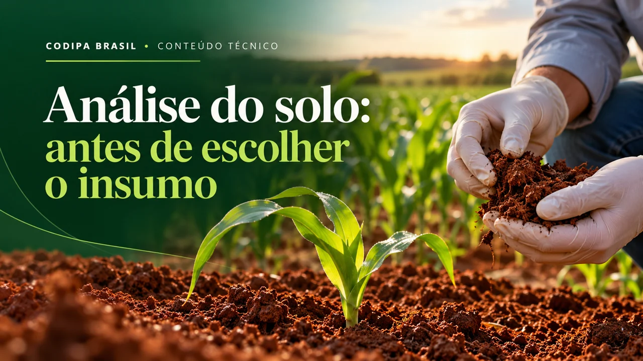 Composição ilustrativa com amostra de solo, plantas de milho e chamada sobre análise do solo.